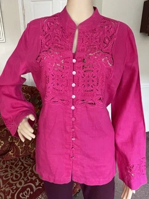 Top abotonable de lino rosa para mujer Jaeger, talla 14 bordado   Foto 1 de 4