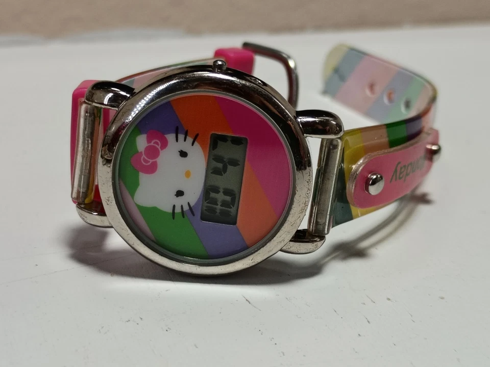 Hello Kitty Watch Kawaii Rainbow Colors VTG Y2K Digital Millennial Thrift w/Date - Image 1 of 1