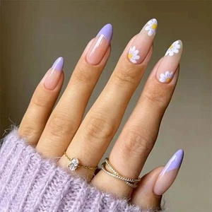 24pcs/Box Ballerina Nail Tip Purple with Design Manicure Patches Fresh Floral - Picture 1 of 70