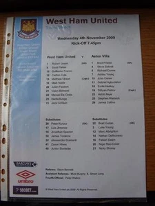 04.11.2009 Colour Teamheet: West Ham United v Aston Villa (gefaltet) - Bild 1 von 1