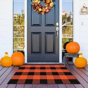 Buffalo Plaid Outdoor Rug 2x3 Orange/Black Washable Checkered Fall Porch Mat - Picture 1 of 6