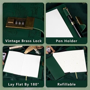 Journal Notebook with Lock, Vintage Leather B6 Travel Refillable Ruled Green - Picture 1 of 5