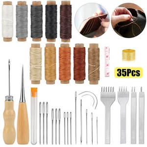 35 Pcs Leather Stitching Tool Kit with 4mm Prong Sewing Hole Punch Waxed Threads - Picture 1 of 7