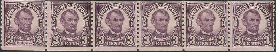Coil Strip of 6 stamps - Scott 600 - 3 cent - Abraham Lincoln - 1924 - MNH - Image 1 of 1