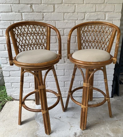1960s Mid Century Modern Rattan Wicker Upholstered Bamboo Swivel Barstools Cover