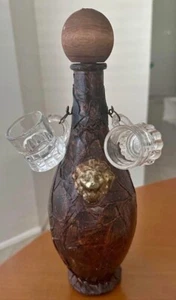 Vintage Leather Wrapped Italian Brown Glass Decanter, 2 Wine Glass Handmade - Picture 1 of 6