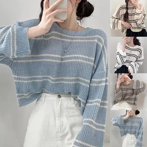 Fashionable Womens Long Sleeve Sweater with Stylish Stripes for Casual Look - Picture 1 of 13