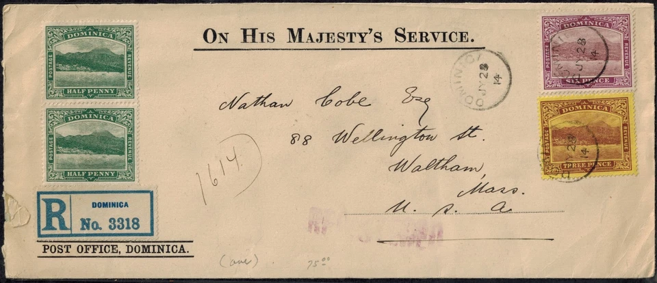 Cubierta registrada Dominica 1914 OHMS con SG 47aw, 51a, 52 y RARA púrpura GPO Foto 1 de 2