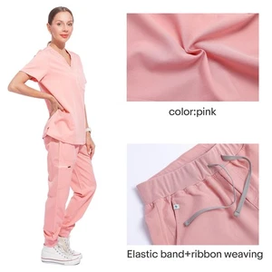 V-Neck Scrubs for Women Set - Stretch V-Neck Scrub Top & Jogger Pant Pink - Picture 1 of 12
