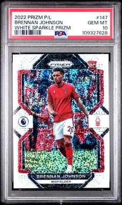 2022 PANINI PRIZM PREMIER LEAGUE 147 BRENNAN JOHNSON PSA 10 WHITE SPARKLE POP 3 - Image 1 of 4