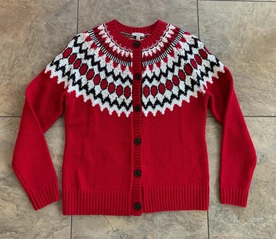 Talbots Red Nordic Cotton Blend Button Cardigan Fair Isle Sweater Small Petite - Image 1 of 4