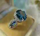 14k White Gold Plated Silver 3CT Oval Lab Created Blue Sapphire Engagement Ring