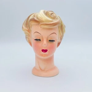 Vintage Enesco Lady Head Vase Blonde Demure Eyelashes Red Lips 6" Tall - Picture 1 of 13
