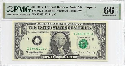 1995 $1 MINNEAPOLIS FRN. PMG GEM Uncirculated 66 EPQ. I/J Block. FW Print - Image 1 of 2
