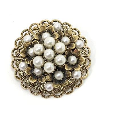 ESTATE винтажная золотистая жемчужная круглая свадебная брошь кулон викторианский 1960-е - Изображение 1 из 4