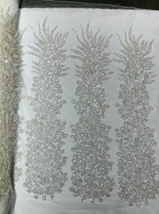 White Vegas Heavy Beaded and Sequins Feather Design Embroidery on a mesh Fabric - Picture 1 of 5