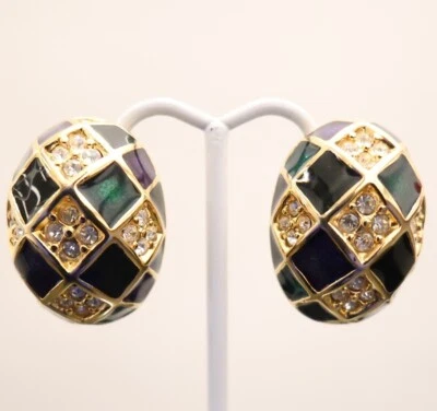 Pendientes Joan Rivers pavé huevos cuadros esmalte verde púrpura firmado clips dorado Foto 1 de 4