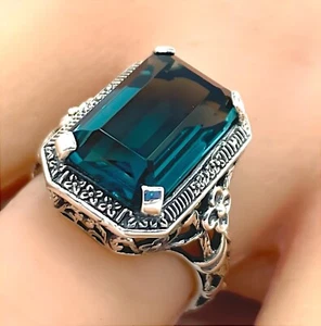 925 STERLING SILVER ART DECO STYLE RING 6 CT LONDON BLUE SIMULATED TOPAZ 1141Z - Picture 1 of 4