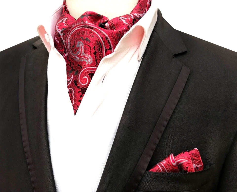 Classic Men's Ascot Cravat Tie Silk Paisley Red Silver Scarf Cravat Hanky Set - Image 1 of 1