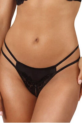Ouvert-String in schwarz mit Spitze Thong elastisch offen Kunstleder S M L XL - Bild 1 von 4