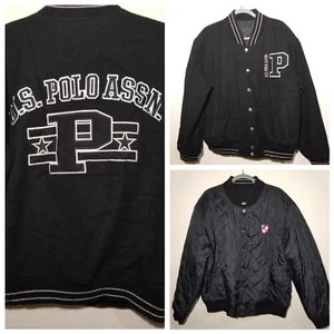 US Polo Assn Reversible Bomber Jacket Embroidered Wool Nylon Large Spell Out - Picture 1 of 11