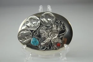 Belt Buckle Eagle Turquoise Buffalo Coin Handcrafted Fits 4cm Belt - Picture 1 of 2