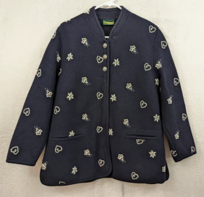 Geiger sz 38 Cardigan Sweater Jacket boiled wool dark blue white embroidery 0890 - Image 1 of 4