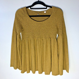 Anthropologie Blouse Womens S Knitted & Knotted Yellow Babydoll Top Flare Sleeve