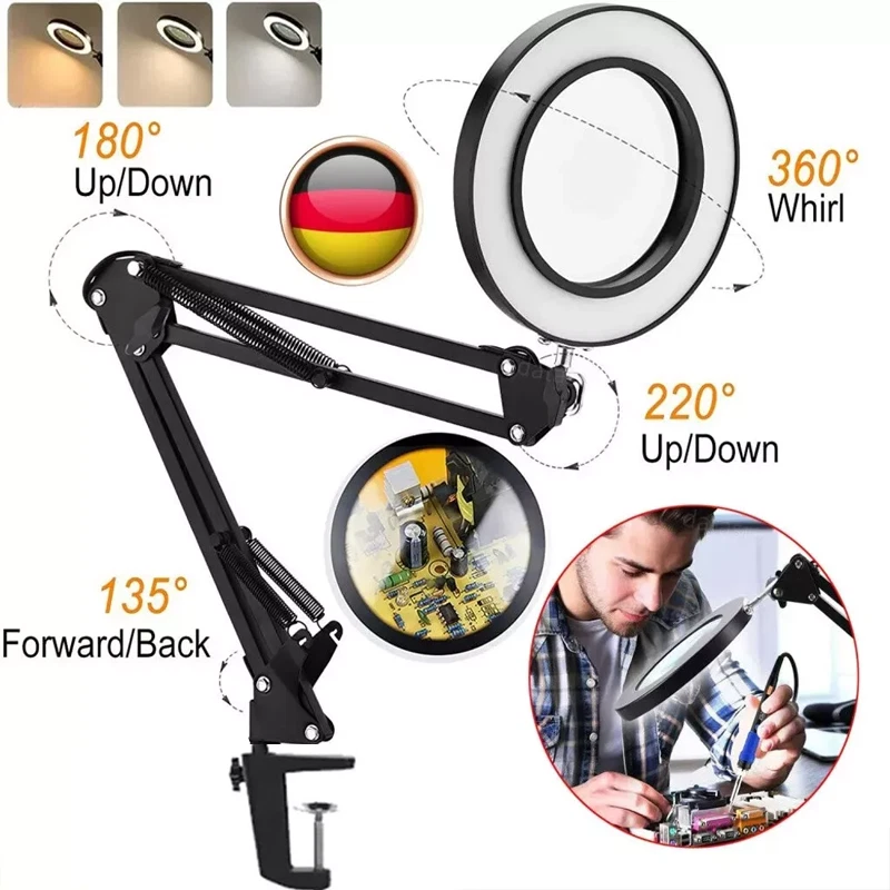 Lupe mit Licht und Ständer 10X stufenlos dimmbare LED-Schreibtischlampe 72 LED - Bild 1 von 4