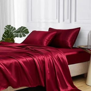 MR&HM Satin Bed Sheets, King Size Sheets Set, 4 Pcs Silky Bedding Set with 15 - Picture 1 of 6