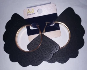 Pendientes Negros Madera Oro Bohemio Hoja Grande Redondos Madera Boho Excéntricos Mujer - Imagen 1 de 22
