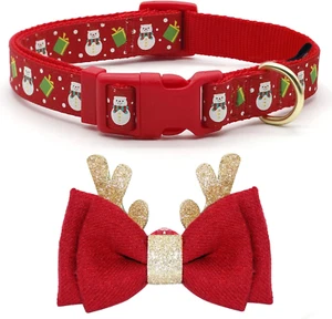 Christmas Dog Collar Adjustable Xmas Dog Collar with Christmas Antler Bow Tie Ac - Picture 1 of 12