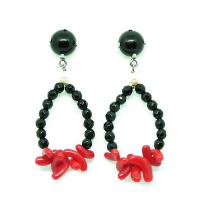 ORECCHINI DI CORALLO E ONICE IN ARGENTO 925 RODIATO ORO BIANCO TORRE DEL GRECO  - Immagine 1 di 2