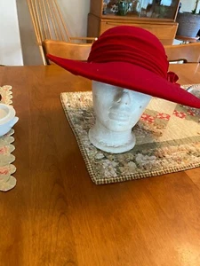 Red Wool Hat By Scala with velvet trim/band and red rose  - Picture 1 of 4