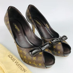 LOUIS VUITTON Monogram Open Toe Pumps Ribbon Brown Size35.5/US5.5 WithBox - Picture 1 of 24