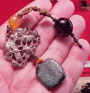 Vintage ANTIQUE 5 Inch Turquoise SILVER Foo Dogs SECTON OF A Necklace TASSLE - Bild 1 von 9