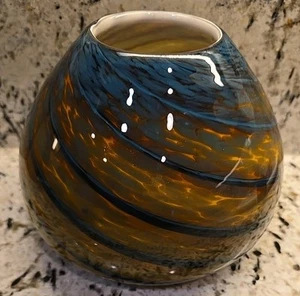 Art Glass Vase Round Swirl Multi-color Hand Blue MMCI Murano Style 7”x 5” - Picture 1 of 10