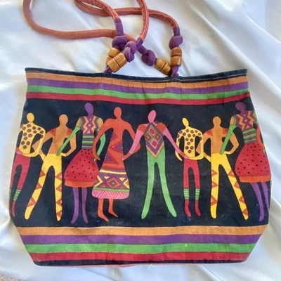 VTG Canvas Multicolor Beach Tote Bag Bold African Graphic Colorful Folk Colorful - Image 1 of 4