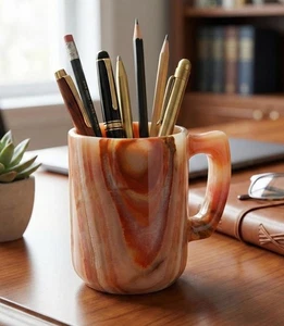 Banded Onyx Desk Organizer, Natural Stone Pen Holder, Orange Marble Pencil Cup - Picture 1 of 11