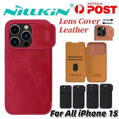 Funda abatible de cuero para teléfono NILLKIN lente cubierta deslizable para iPhone 15 Pro Plus Pro Max Foto 1 de 4