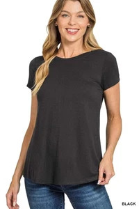 Fließendes Viskose Kurzarm T-Shirt mit rundem Saum | Damen Freizeit Oberteil - Bild 1 von 4