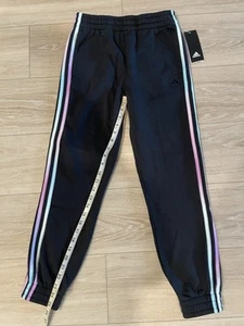 Adidas Girls M 10/12 Fleece Sweatpants Black Rainbow Stripes Joggers Comfy - Picture 1 of 4