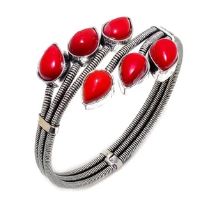 Coral Gemstone 925 Sterling Silver Cuff Bracelet Adst. d426 - Picture 1 of 5