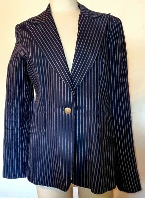 Blazer Oscar De La Renta Azul Lino A Rayas Talla 6 Foto 1 de 4