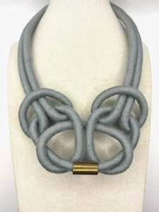 Two Strand Steel Blue Wrapped Textile Knotted Rope Cord Brass Statement Necklace - Picture 1 of 23