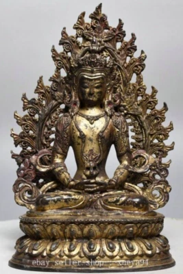 9" Old Tibet Buddhism Copper Brass Amitayus longevity God Goddess Buddha Statue - Image 1 of 4