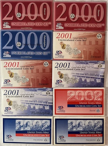 Lot of 10 P&D US Mint Sets- 2000 2001 2002 Cover