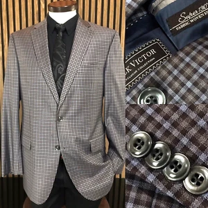 Jack Victor Super 130 Wool Sport Coat 44L Blue GINGHAM CHECK Blazer Jacket 44 - Picture 1 of 24