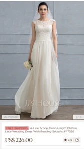 NEW JJs House A Line Wedding Dress Size 12 White Floor Length Scoop Chiffon Lace - Picture 1 of 8