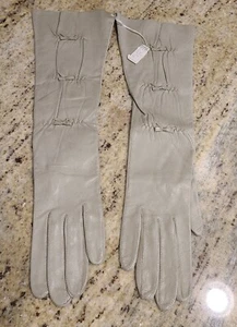 New! Vintage Size S 6 1/2 Beige Leather Formal 15" Long Gloves Tufted Look Bows - Picture 1 of 13